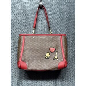 Karl Lagerfeld Paris Brown Monogram Tote Shoulder Bag Red Trim Patches Adele‎